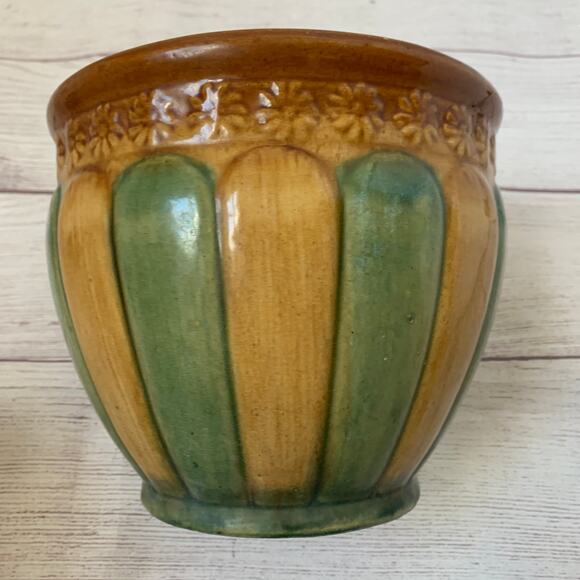 Antique Brown Green Striped Pottery Planter Majolica Glaze Floral Medallions - Picture 11 of 16